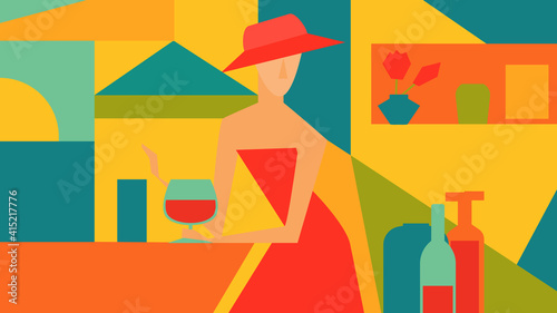 Vector illustration of a woman in a red dress drinks wine in a cafe by the sea. Cubism. Abstract art.