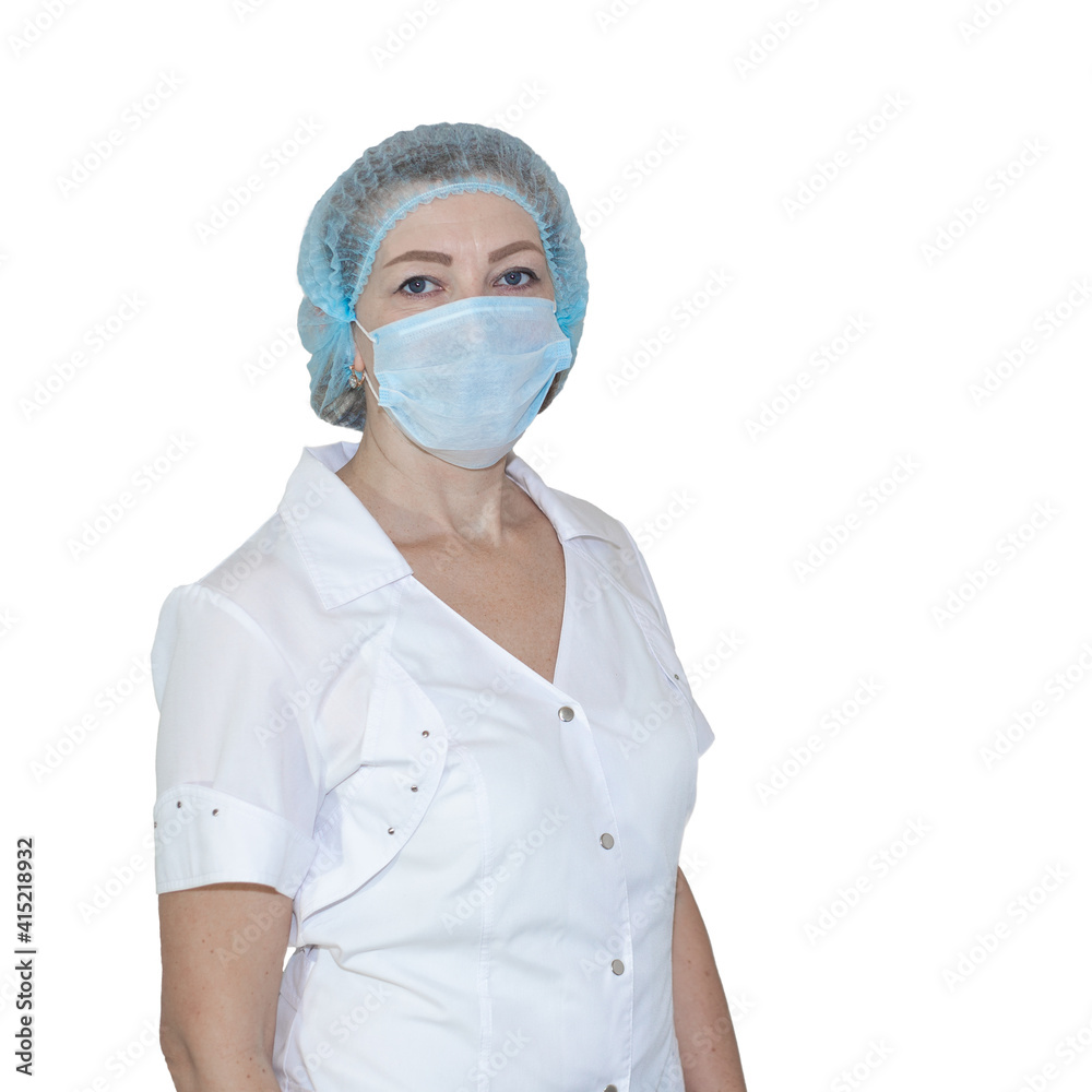 Nurse in white coat, cap and mask on white isolated background. European woman medical profession. Medicine and health care concept Nurse in white coat, cap and mask on white isolated background. European woman medical profession. Medicine and health care concept