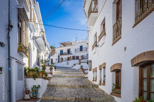 streets in Frigiliana  one of the most beautiful white villages   pueblo blanco   of Andalucia  Spain 
