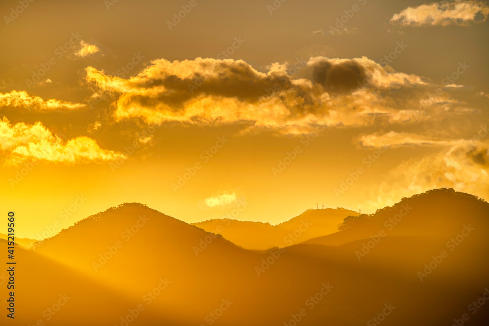 Yellow Sunset in the Mountains, Silhouette Clouds 