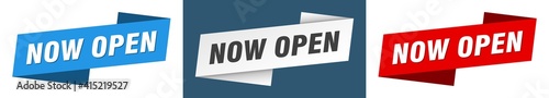 now open banner. now open ribbon label sign set