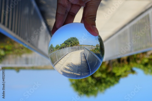 The walkway on the top rampart captured through a lens ball near Fort Desoto Park  St Petersburg  Florida  U.S.A