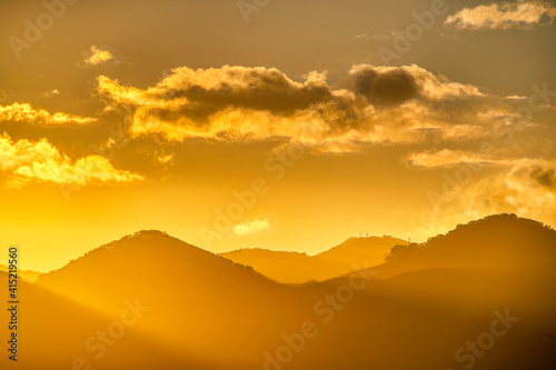 Yellow Sunset in the Mountains, Silhouette Clouds 