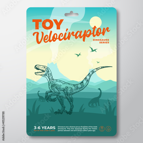 Toy Dinosaur Label Template. Abstract Vector Packaging Design Layout. Modern Typography with Prehistoric Volcano Landscape and Hand Drawn Velociraptor Sketch Background. Isolated