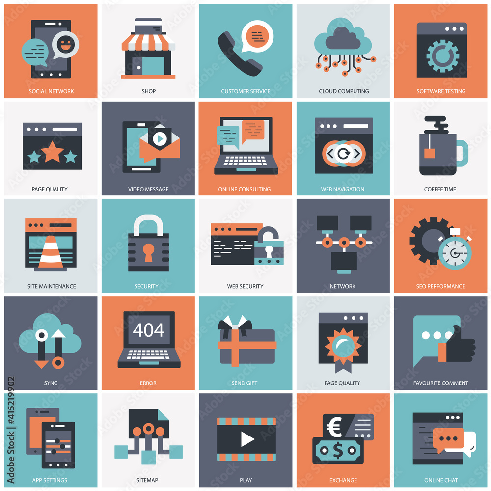 Business, technology and management icon set for websites and mobile applications. Flat vector illustration Business, technology and management icon set for websites and mobile applications. Flat vector illustration
