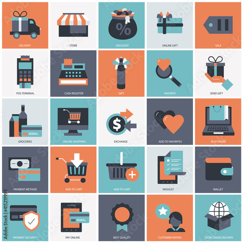 Online shopping, delivery and online order icon set for websites and mobile applications. Flat vector illustration