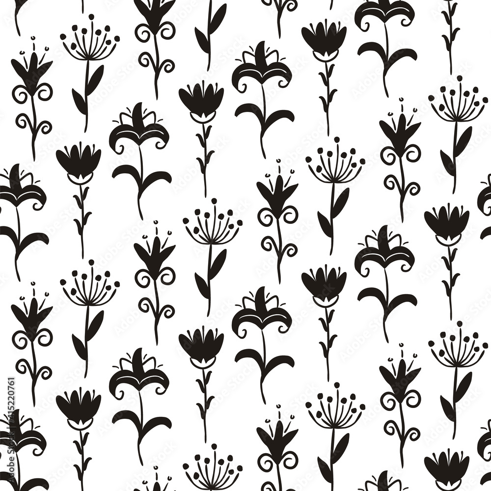 Seamless balck and white pattern of hand-drawn flowers. Cute fantastic silhouette flowers. Vector illustration.