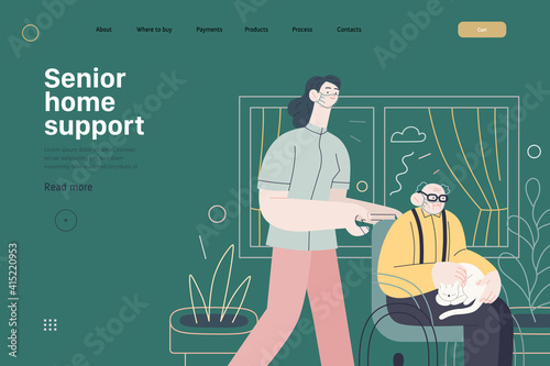 Medical insurance - senior home support - modern flat vector concept digital illustration -a nurse rolling a wheel chair with a senior patient at his home. Home medical service, part of insurance plan
