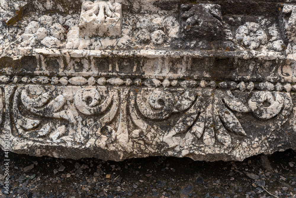 Carved decorative limestone beams at Beit She'an National Park  in Israel