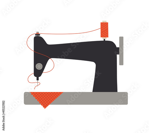 Vector illustration of a sewing machine with red thread and fabric. Hand-drawn illustration in flat style isolated on white background. Sewing hobby concept.