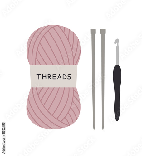 Vector illustration of knitting threads, knitting needles, and crochet hooks. Hand-drawn illustration in flat style isolated on white background. Knitting hobby concept.