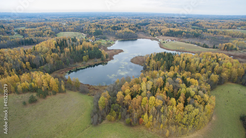 Aerial shot of beautiful Karula National Park full of lakes in Estonia photo