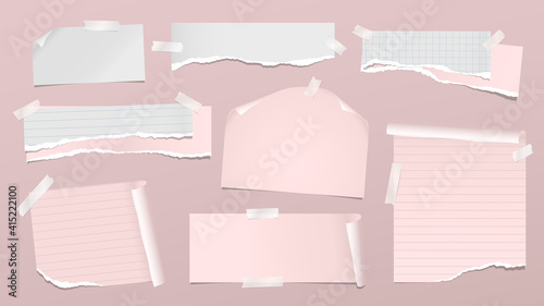 Set of torn pink note, notebook paper pieces with folded corners stuck on pink background. Vector illustration