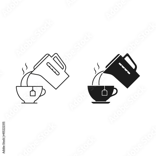 Pouring water into a cup from a kettle, vector icon set. Simple illustration. Kettle cup boiling water