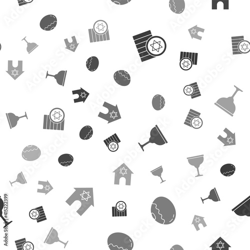 Set Jewish coin, sweet bakery, goblet and synagogue on seamless pattern. Vector.