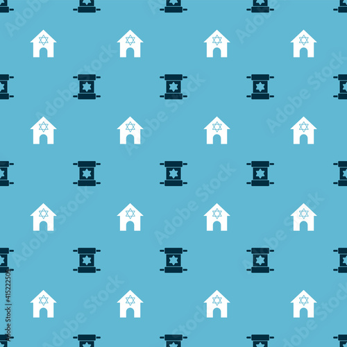 Set Torah scroll and Jewish synagogue on seamless pattern. Vector.