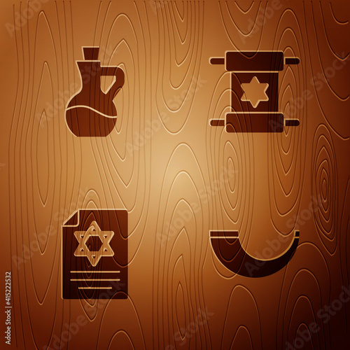 Set Traditional ram horn, shofar, Bottle olive oil, Torah scroll and on wooden background. Vector.