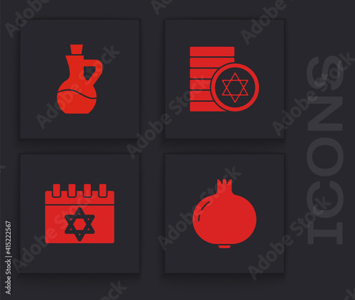 Set Pomegranate, Bottle of olive oil, Jewish coin and calendar icon. Vector.