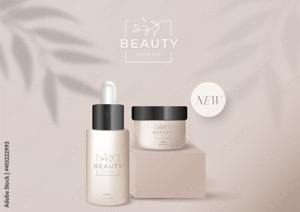 Vector 3d background with skincare products in beige minimal style. Summer trendy abstract banner template with stage or podium and tropical leaves shadow. Vector illustration for flyer, sale,poster