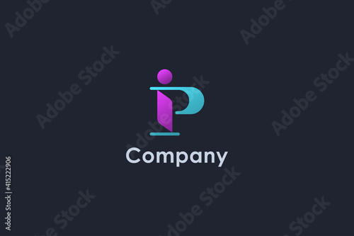 Abstract Initial Letter I and P Linked Logo. Blue Light and Purple Geometric Shape isolated on Blue Background. Usable for Business and Branding Logos. Flat Vector Logo Design Template Element.