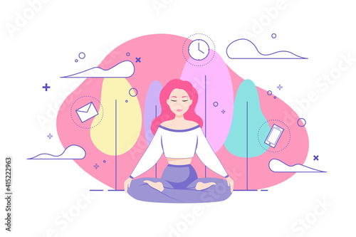 Vector woman practices yoga and meditates in the lotus position with a beautiful view of a natural park. Recovery after a hard day's work and information pollution. Rest from email addiction.