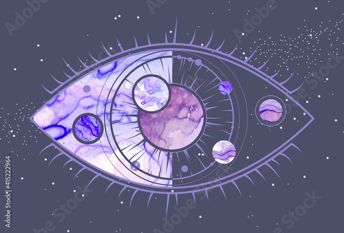 Modern magic witchcraft card with planets in outer space. Alcohol ink occult illustration