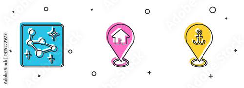 Set Great Bear constellation, Location with house and anchor icon. Vector.