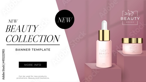 Minimal elegant banner template for beauty with pink cosmetics bottles. Vector abstract background with geometric forms, blurred shadow, podiums and promotional text for banner, flyer, poster etc.