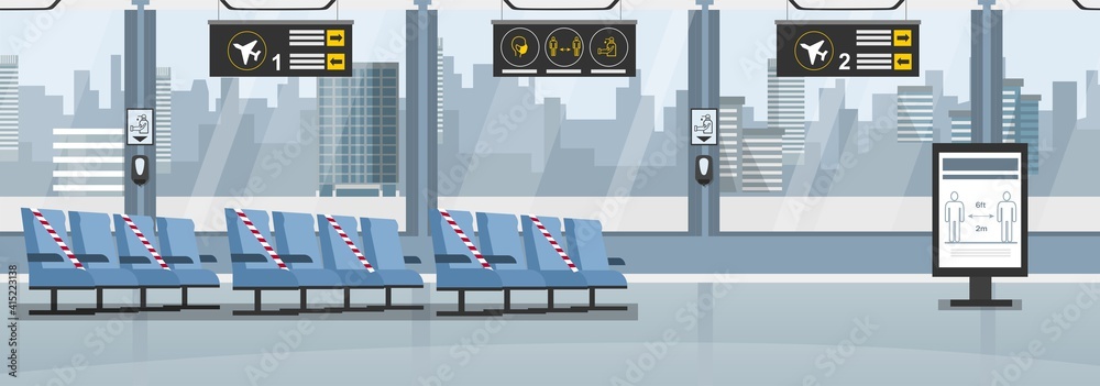 Empty airport hall interior during pandemic. COVID-19 coronavirus travel concept. New rules in airport social distancing, mask, sanitizer. Vector illustration. 2021 flights while pandemic outbreak