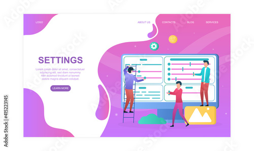Male characters are controling settings. Men are setting preferences for other users together. Website, web page, landing page template. Flat cartoon vector illustration