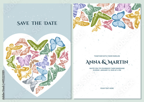 Wedding invitation card with pastel octauius swordtail, great orange-tip, emerald swallowtail, plain tiger, rajah brooke s birdwing, papilio torquatus, swallowtail butterfly