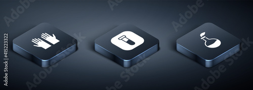 Set Isometric Medical rubber gloves, Plant breeding and Test tube and flask icon. Vector.