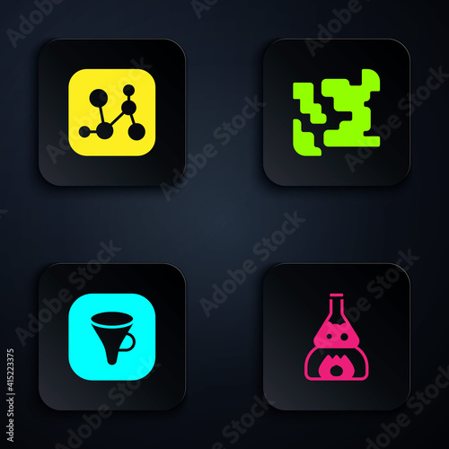 Set Test tube flask on fire, Chemical formula, Funnel filter and Gaseous. Black square button. Vector.