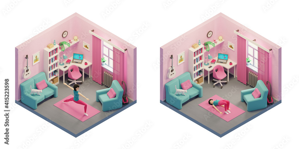 Home yoga in room interior. Woman stretching 3d render illustration.