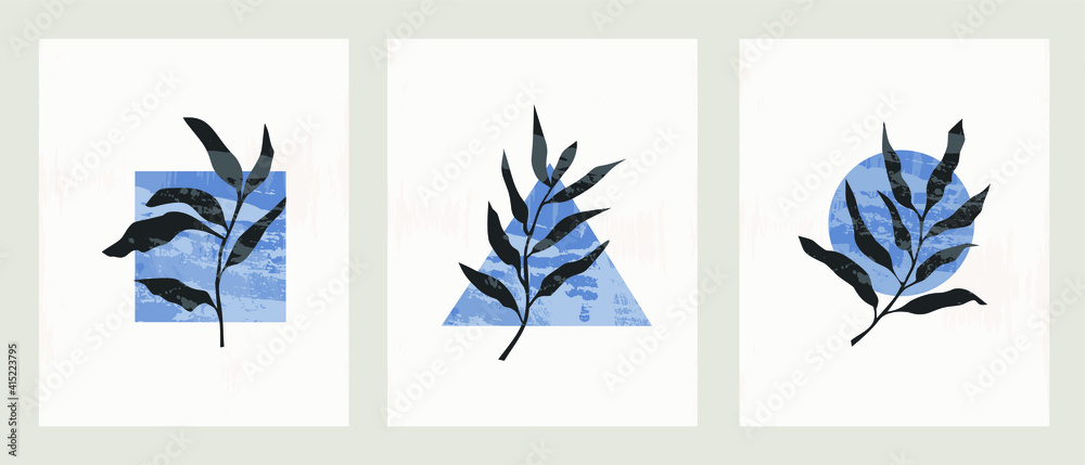 Set of 3 Illustration vector EPS 10 hand drawn print. Painted abstract geometric shapes. Contemporary aesthetic boho mid century modern Scandinavian nordic art design style with botanical garden plant