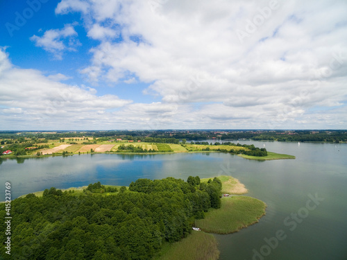 Aerial view of beautiful island on Swiecajty Lake in the neighborhood of Kal village  Mazury  Poland  former Kehlen or Kielno  East Prussia 