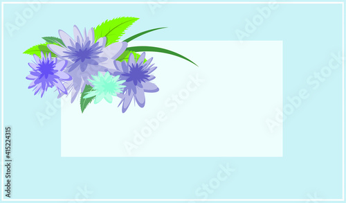 blue greeting card with a bouquet of purple flowers and a place for a greeting or invitation