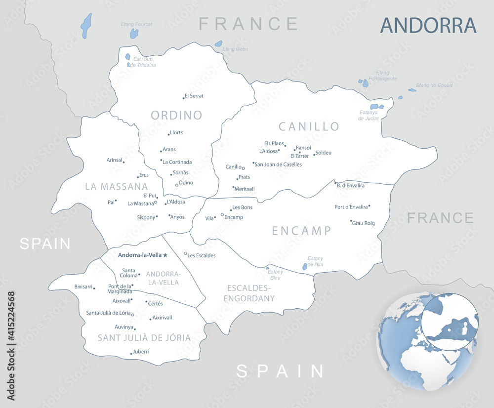 Blue-gray detailed map of Andorra administrative divisions and location on the globe.