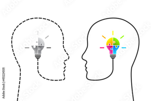 Human head made of dotted line and jigsaw puzzle light bulb missing a piece in comparison with continuous profile line and complete lightbulb as idea, solution or innovation concept