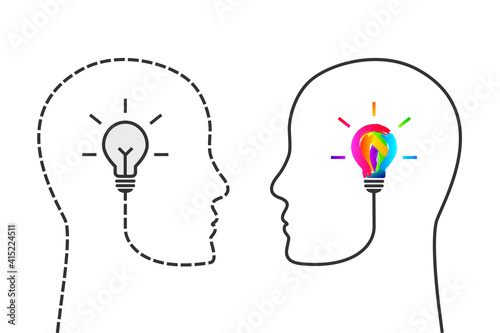 Human head made of dotted line and gray light bulb in comparison with continuous profile line and lightbulb made of paint with multiple colors as creativity, creative thinking and idea concept