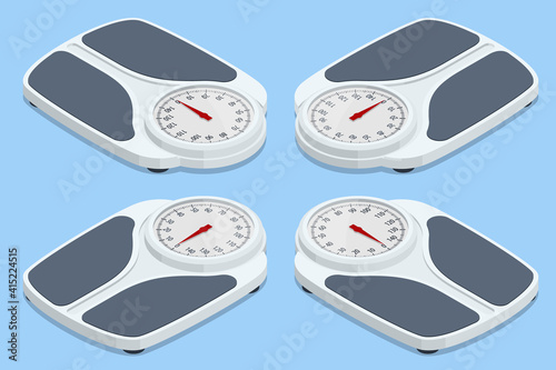 Isometric Bathroom Scales on white background, top view. Weight loss, healthy lifestyles, diet, proper nutrition.