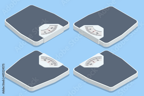 Isometric Bathroom Scales on white background, top view. Weight loss, healthy lifestyles, diet, proper nutrition.