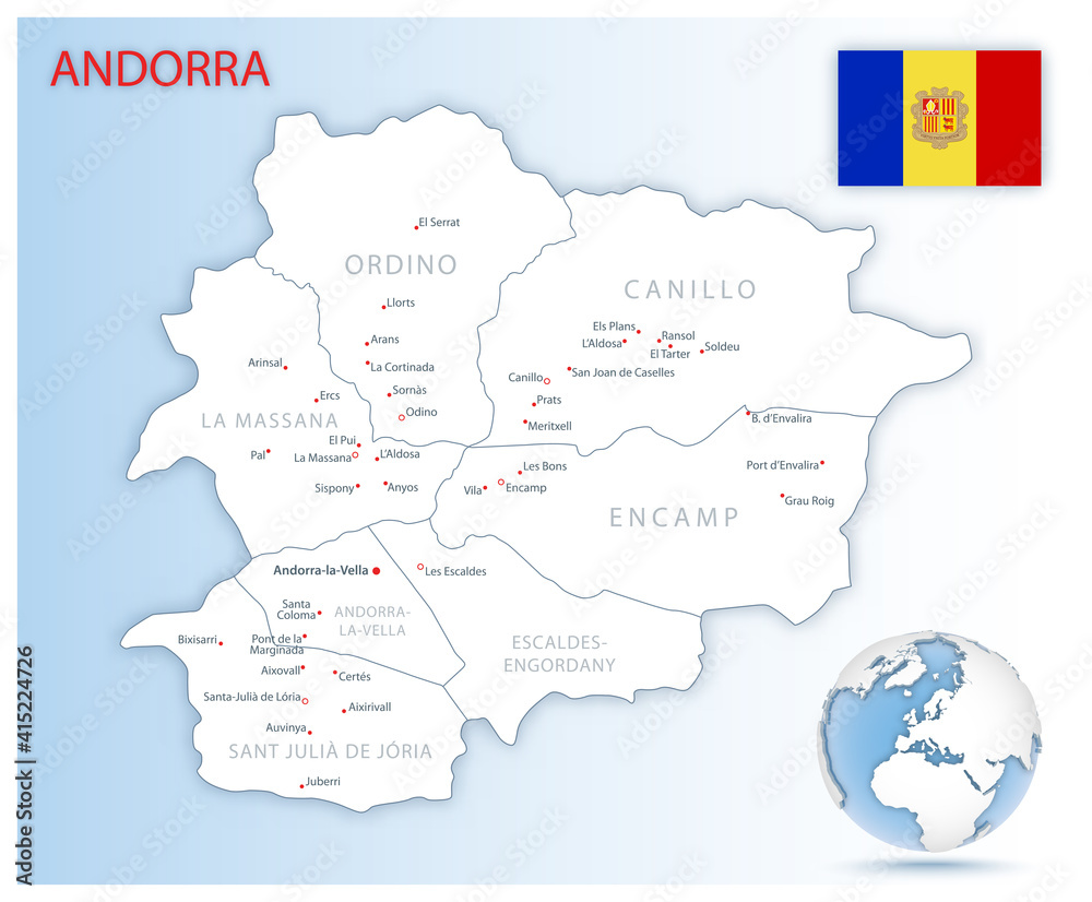 Detailed Andorra administrative map with country flag and location on a blue globe.