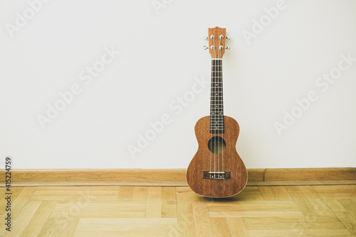 Ukulele at a music school. Acoustic concept. Children's guitar.
