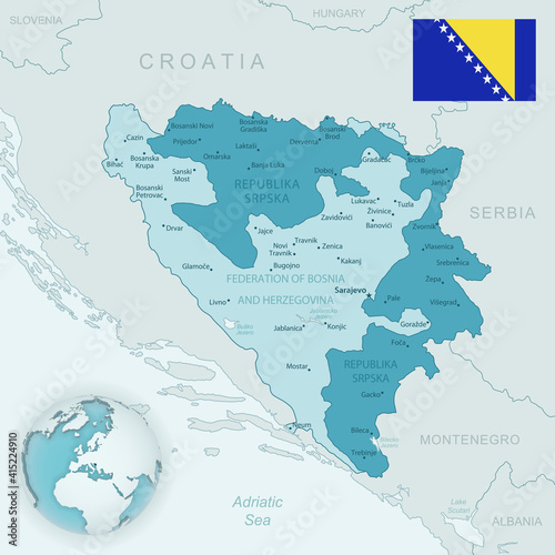 Blue-green detailed map of Bosnia and Herzegovina administrative divisions with country flag and location on the globe.