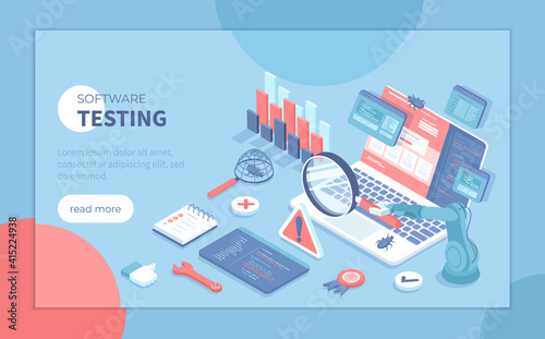 Software Testing. Process evaluation software application or website. Computer code analysis. Identification and removal of defects, bugs, errors. Isometric vector illustration for banner, website.