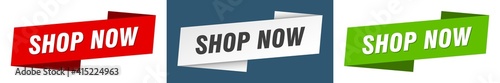 shop now banner. shop now ribbon label sign set