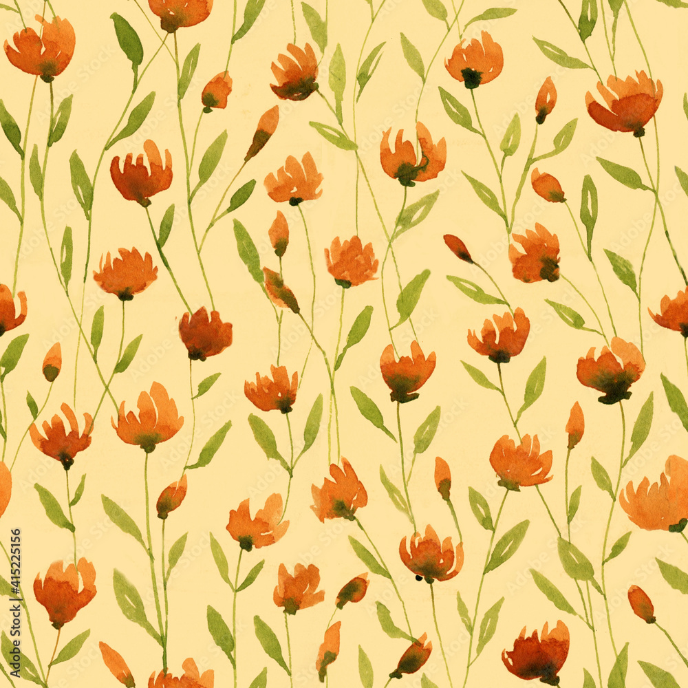 Orange flowers watercolour seamless pattern. Floral pattern for fabric, wrapping, textile, wallpaper, background.
