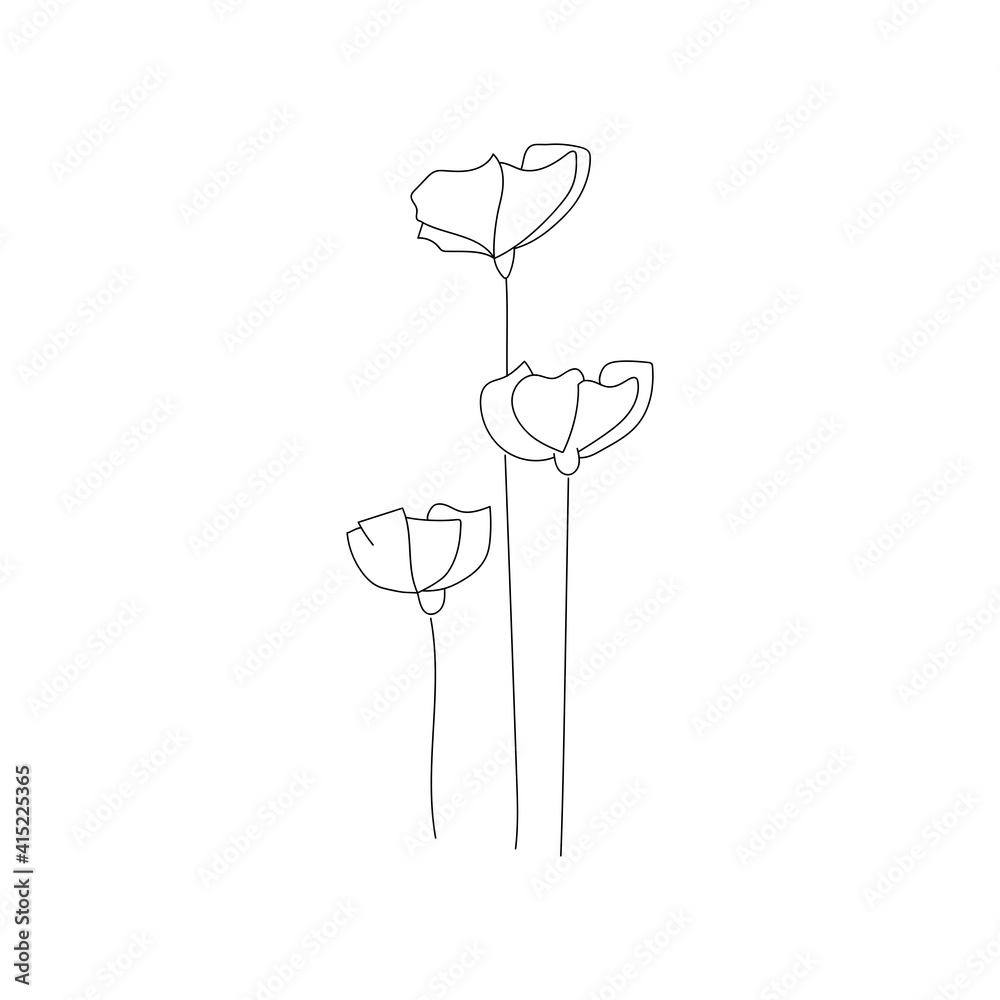 Vector doodle branch. Silhouette of flowers