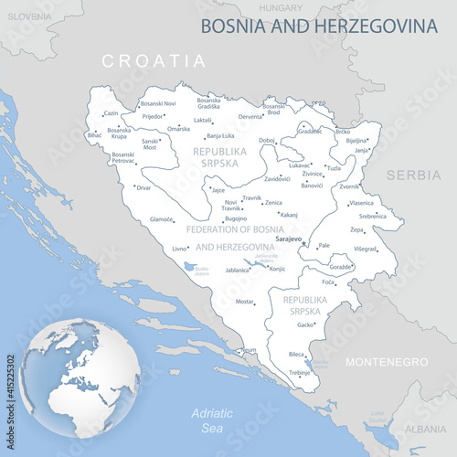 Blue-gray detailed map of Bosnia and Herzegovina administrative divisions and location on the globe.